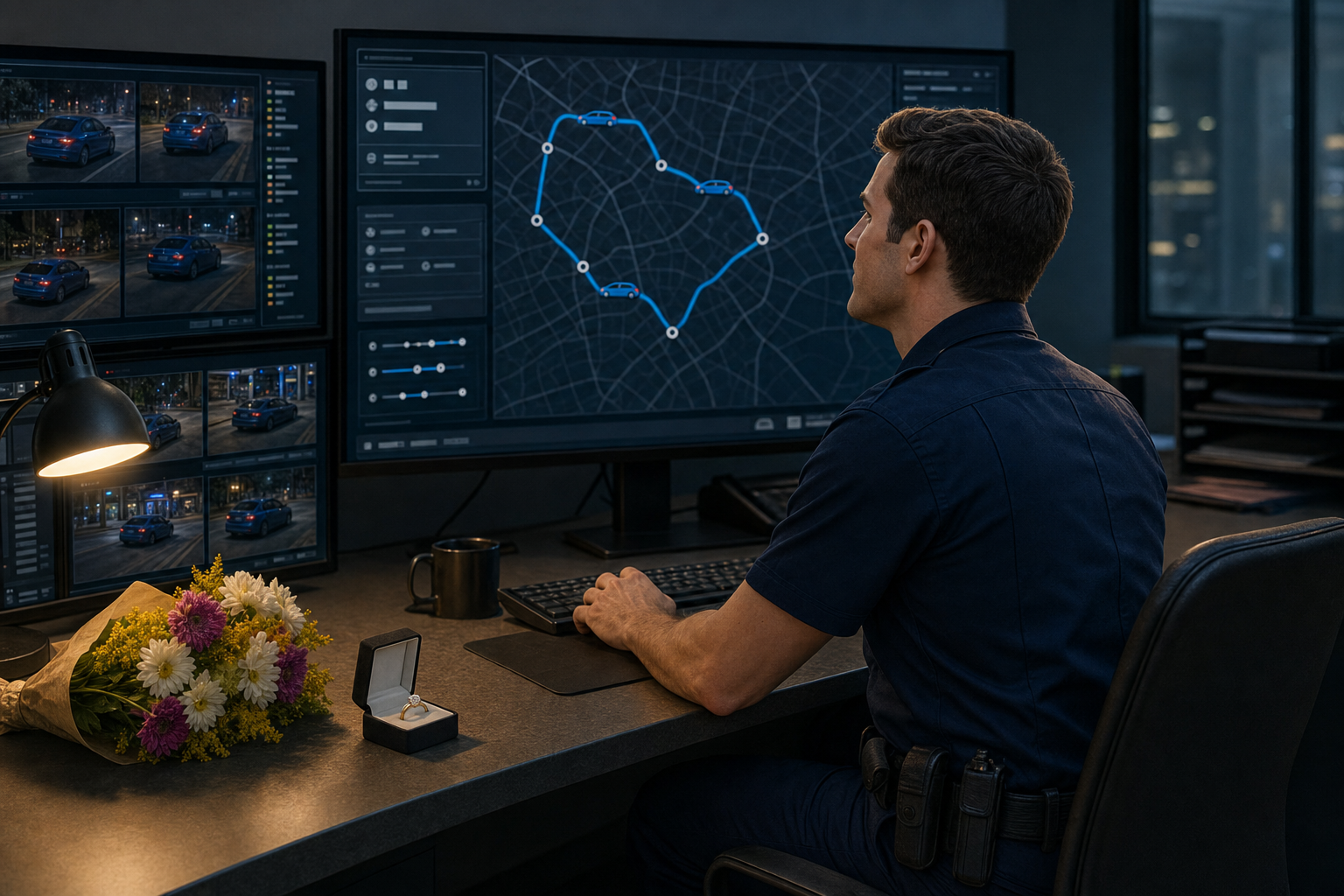 A uniformed officer studies a blue sedan's route on police monitoring screens while a ring box and bouquet sit on his desk